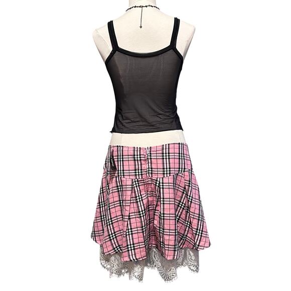 Hot Topic Pink Plaid Strawberry Button Lace Trim Pleated Mini Skirt Sz XL, NWT - Picture 2 of 10
